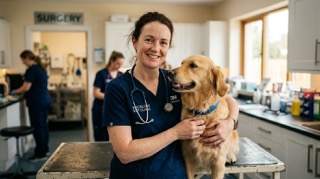 Irish veterinary surgeon with a dog in clinic